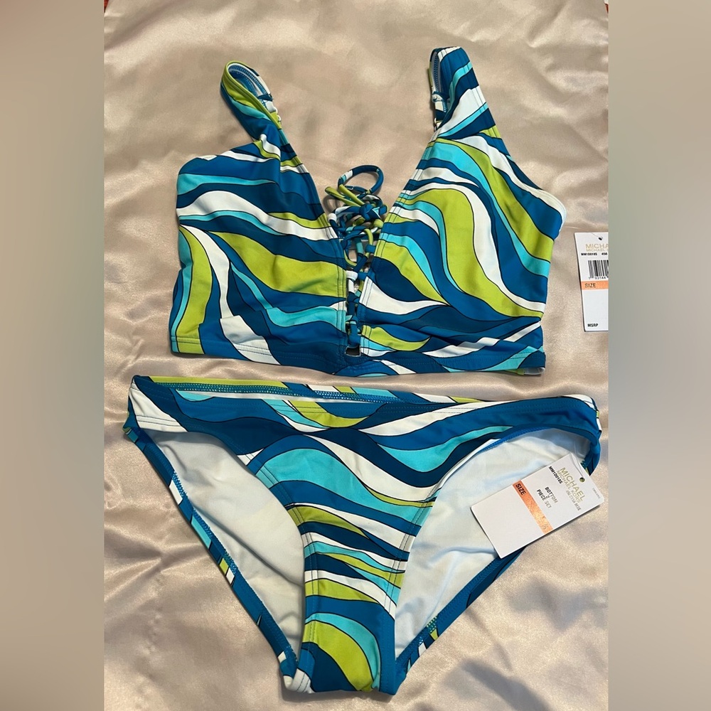 Michael Kors Blue and Green Striped Bikini